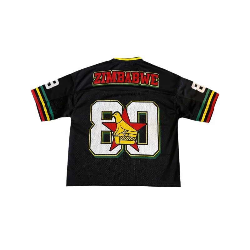 2026 Summer New Zimbabwean Men's V-neck Short-sleeved Sweatshirt with Black Flag Print Street Style Summer Short-sleeved Top