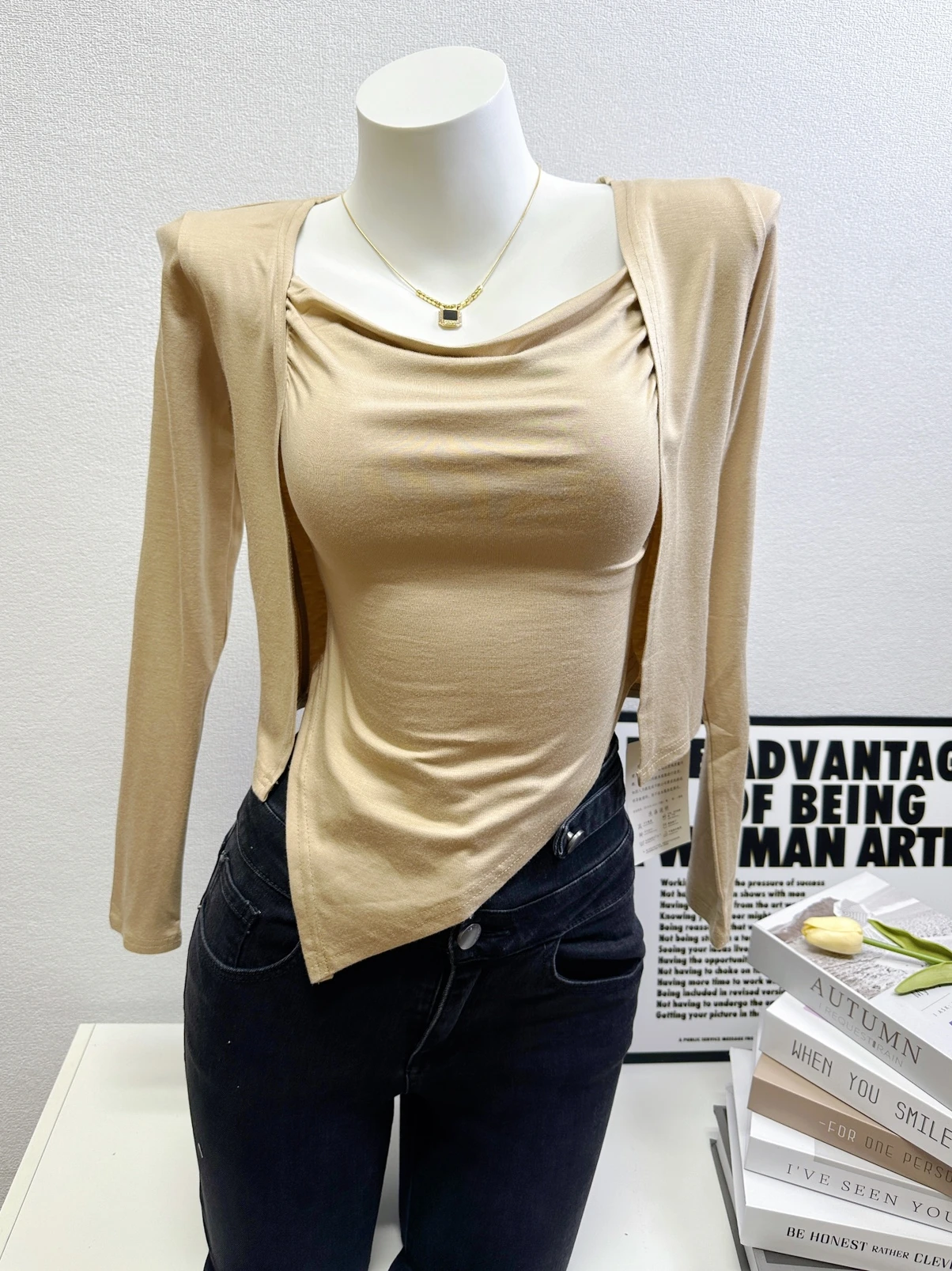 

Ele Thin Svel Open Cardigan Slim Fit Wrap Ne Design Casual Faion Two-Piece Set for Young Women Cotton Blend