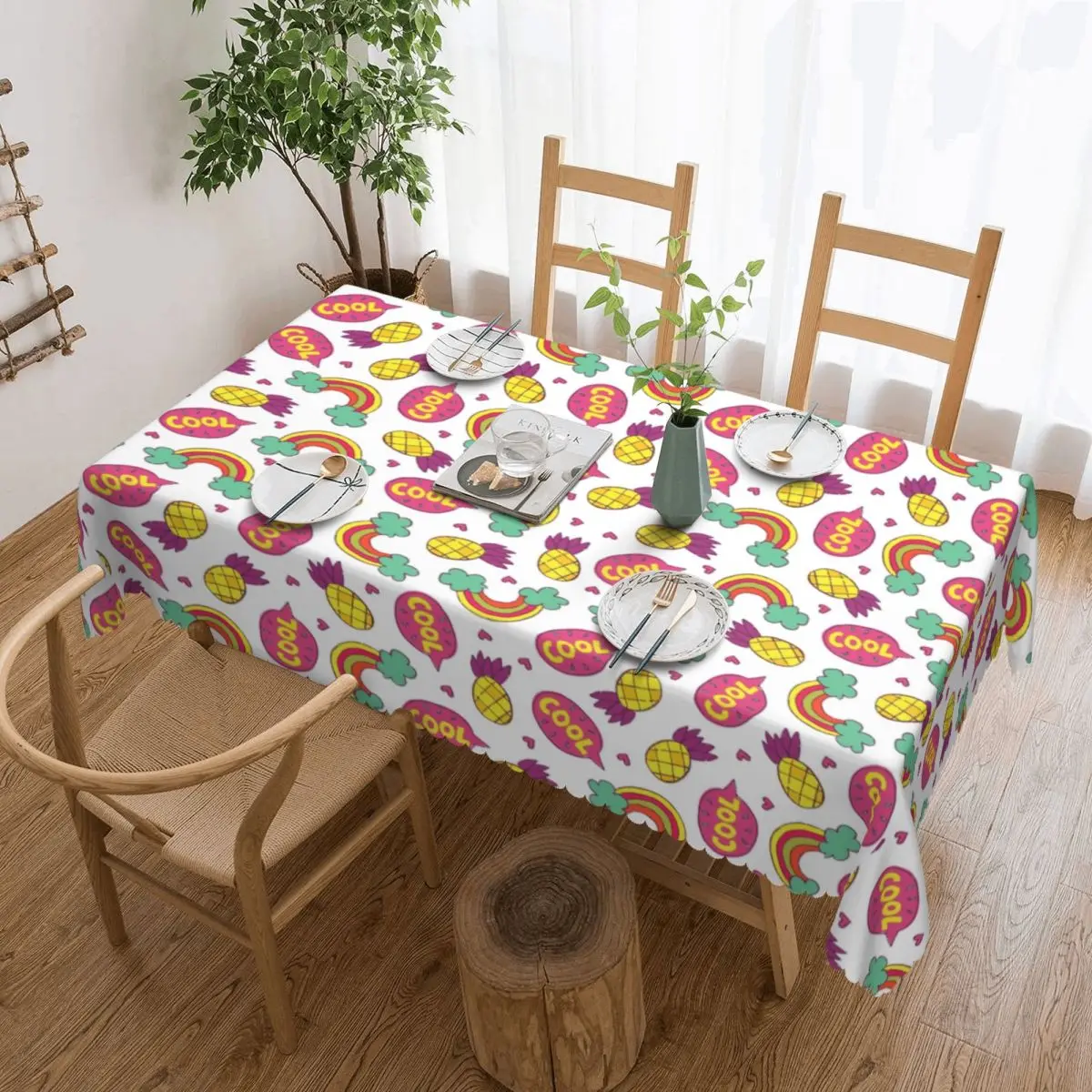 Custom Rectangular Oilproof Modern Colorful Pineapple Rainbow Table Cover Table Cloth Tablecloth for Picnic