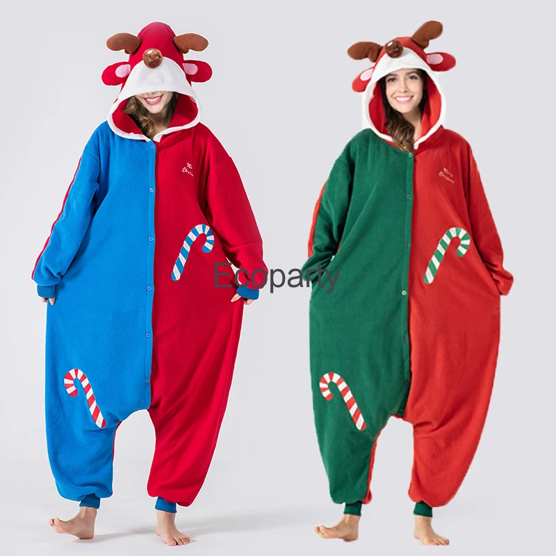 Adult Christmas Costume One-Piece Pajamas Men Women Christmas Elk Cosplay Hooded Pajamas Homewear Xmas New Year Party Gifts