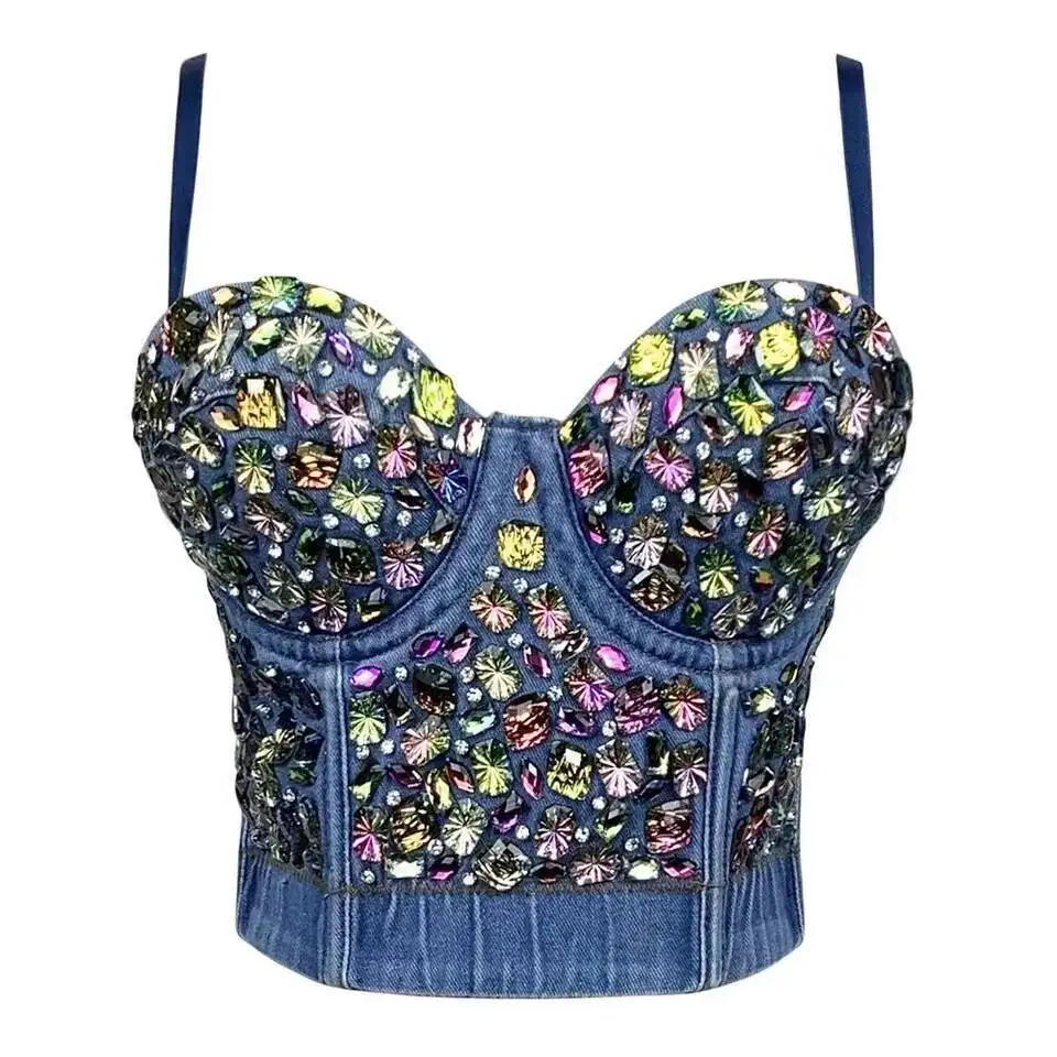 

Crop Top Sexy Retro Denim Camisole Women Outer Wear Design Beads Colorful Diamond Y2k Tops Short Sleeveless Vest 2023 Summer Top