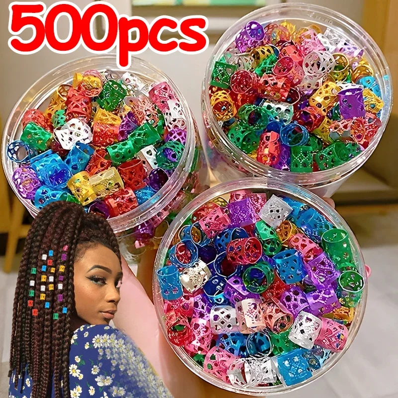 100/500pcs Gold Silver Dreadlock Hair Rings Cuff Clips Hair Braids Colorful Dirty Braids Beads Hairpin Jewelry Hair Accessories