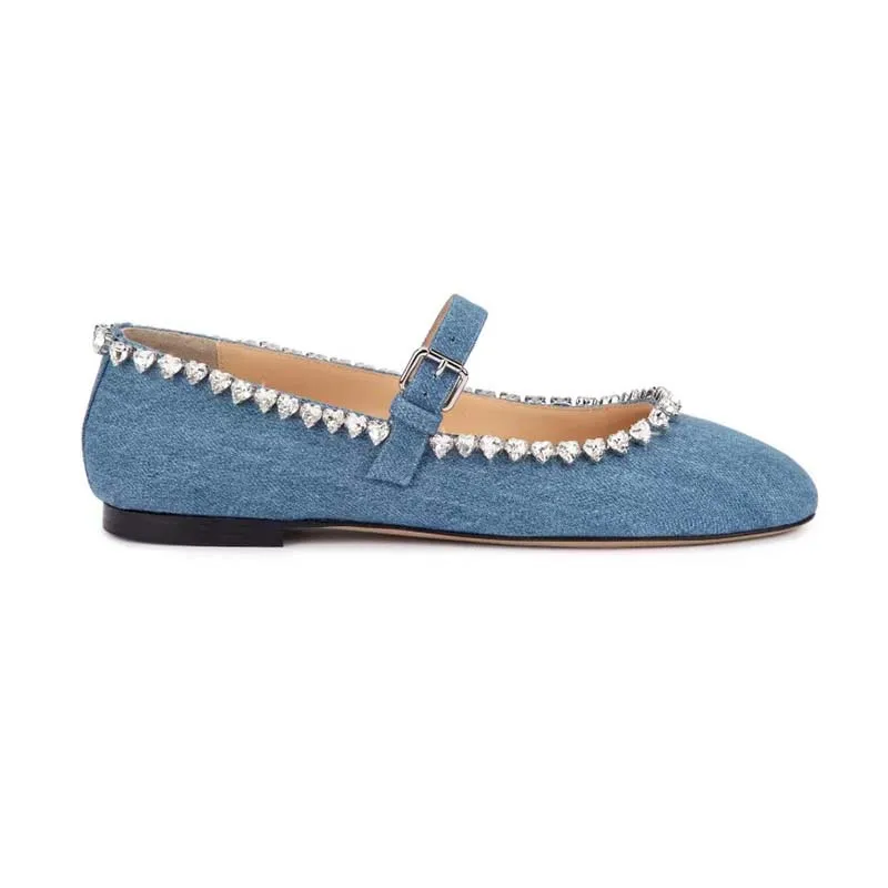 Bling Heart Crystal Round Toe Women Marry Jane Shoes Chunky Low Heels Buckle Strap Design Lareg Size Ballet Shoes