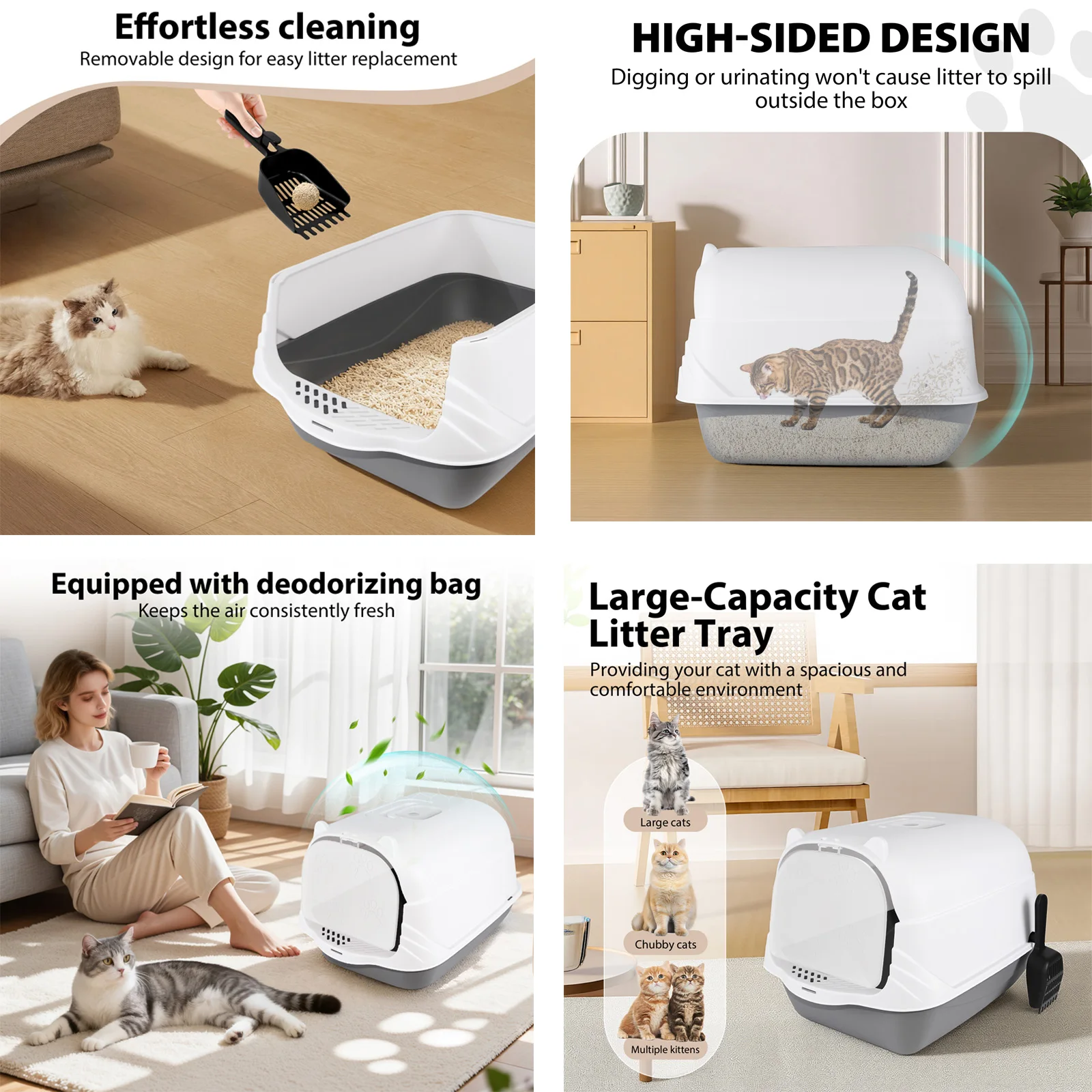 Extra große, offene Katzentoilette mit hohen Seitenwänden, tiefem Becken und breitem Rand, zusammenklappbar, vollständig geschlossen, mit Schublade, mit Schaufel, geruchshemmend,