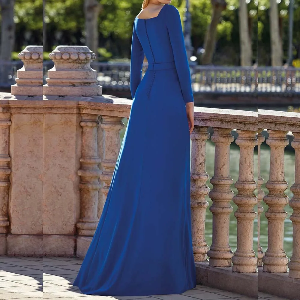 Royal Blue Evening Dresses Floor Length Square Collar Long Sleeve Gowns Formal Party Pleat Front Split Prom Dress