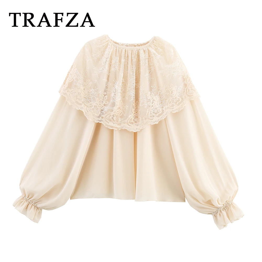 

TRAFZA Chic Beige Casual Holiday Lace Woman Blouse Fashion 2025 Long Sleeve Elegant Vintage Loose Romantic Cape Mujer Shirts