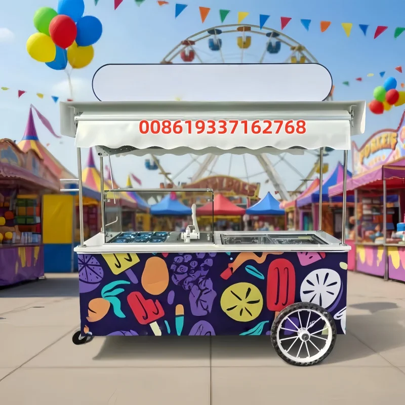 Customizable Mobile Food Cart with Integrated Refrigerator & Worktop - Street Vending Cart for Salad/Ice Cream