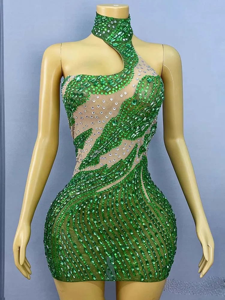 Wysokiej jakości zielona sukienka z cyrkoniami, seksowna, z odkrytymi plecami i wiązaniem na szyi, nowa kolekcja 2025, odzież damska na zamówienie.