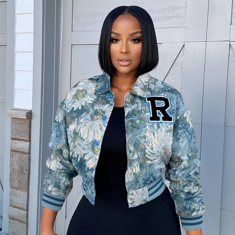 Letter Embroidery Jacquard Varsity Jacket Women Fashion Vintage Turn Down Collar Long Sleeve Single Breasted Baseball Coat Tops