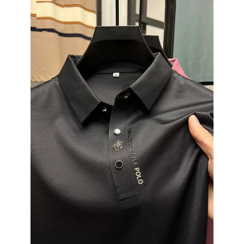 High End Brand New Summer Solid Color Silk Cotton High-quality Short Sleeved Polo Men\'s Fashionable Business Seamless Casual Top