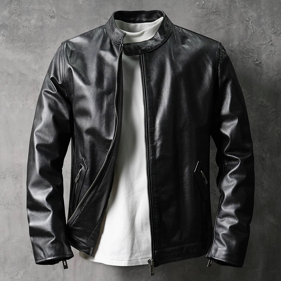 

Genuine Leather Jacket for Men Spring Autumn Stand Collar Coat Black Jackets