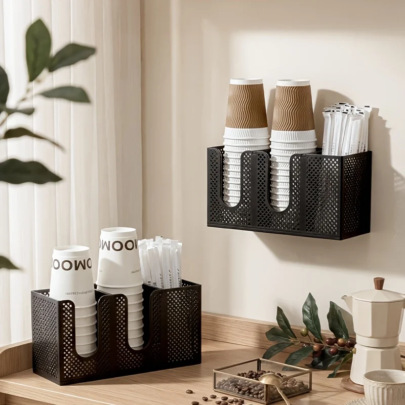 Kitchen Coffee Bar Mesh Storage Rack 3 Compartment Disposable Paper Cup Holder Wall Mount Countertop Cup Lid Stirrer Organizer