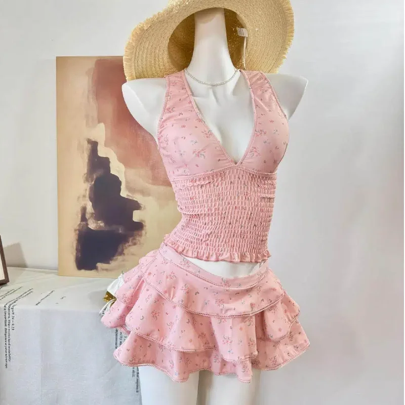 Korean Pink Y2K Bikinis Set Women Sexy Slim-fit Cropped Tops with Kawaii Tiered Ruffle Mini Skirts Beachwear Resort Bashing Suit