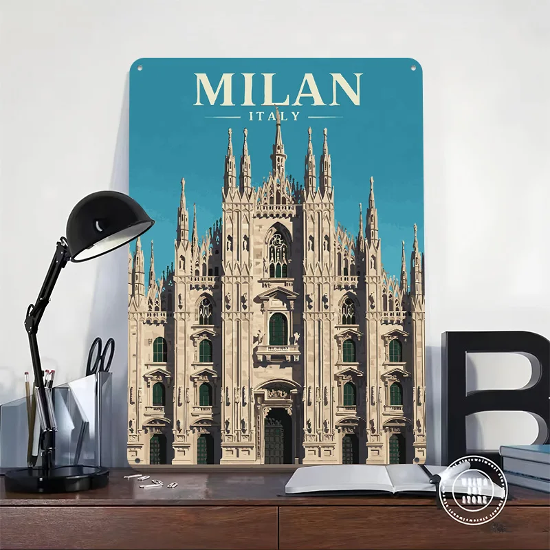 Milan Italy Cathedral Travel Metal Poster Custom Wall Art Retro Vintage Tinplate Signs for Man Cave Desk Decor Gaming Decoration