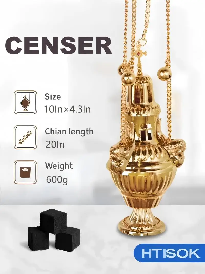 HTISOK Encensoir orthodoxe avec chaîne et cloches Alliage de zinc plaqué or Cérémonie d'autel d'église Brûleur d'encens avec design traditionnel