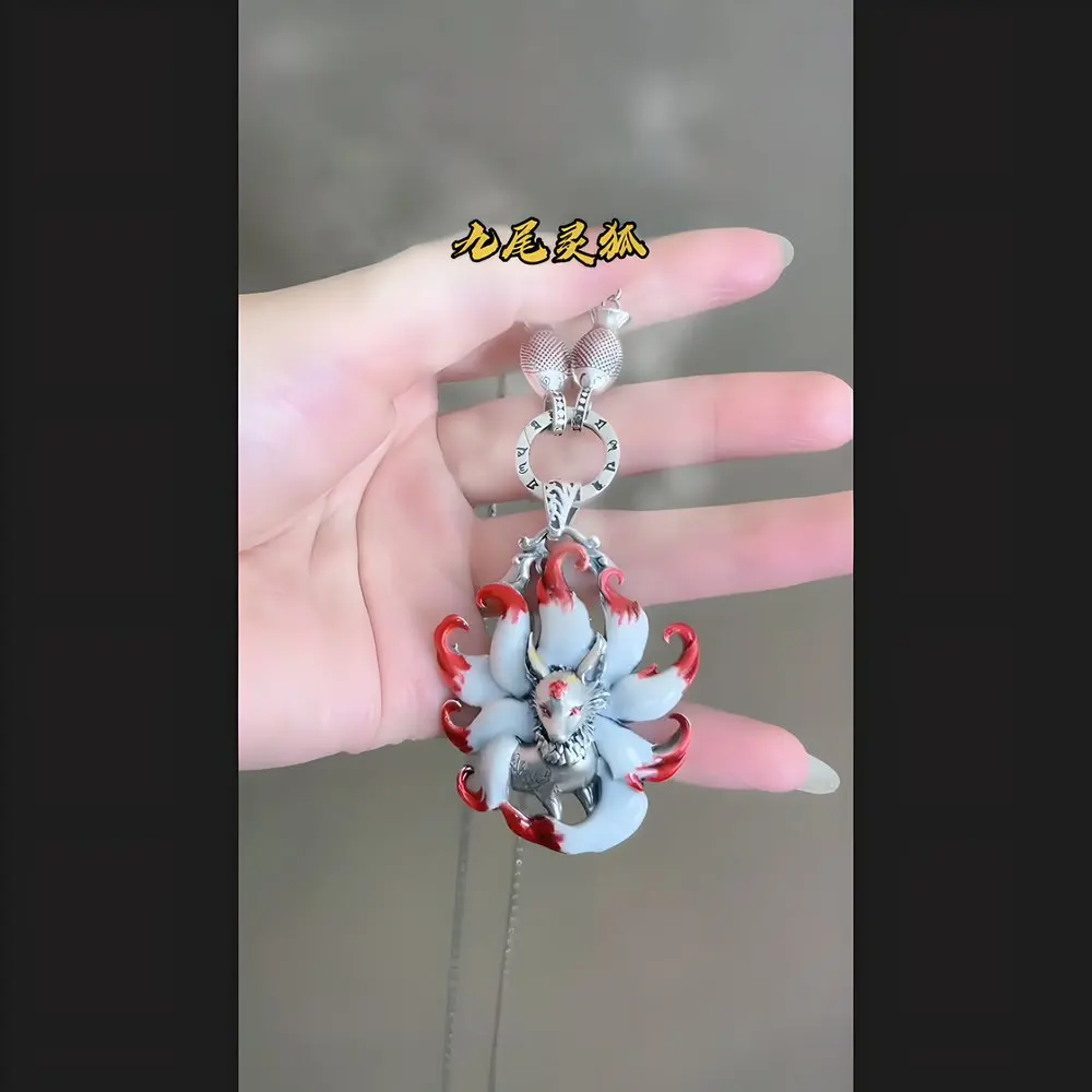 Chinese Elements Multi Colored Enamel Water Red Nine Tailed Fox Pendant Necklace Women\'s High End Banquet Jewelry Necklace