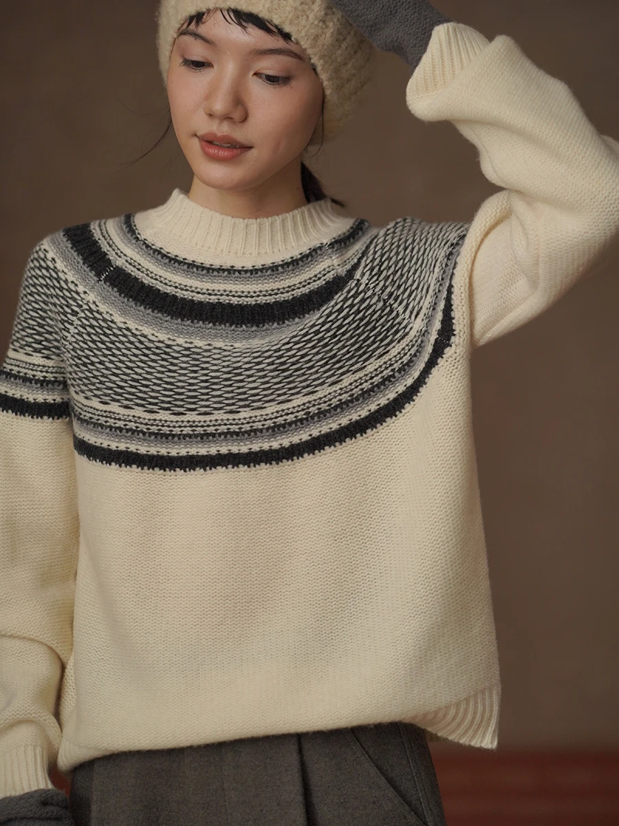 

Винтажный шерстяной свитер Hacikis с узором Fair Isle, круглый вырез, свободный крой, удобный повседневный топ с длинными рукавами для женщин