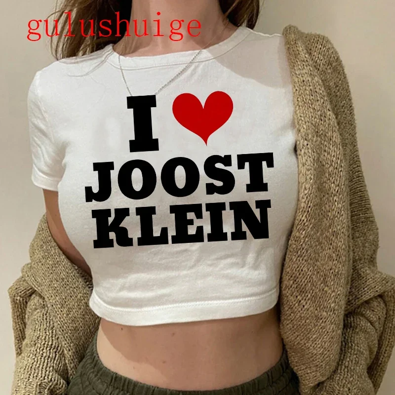 

2024 Модный укороченный топ, футболка, укороченная футболка I Love Joost Klein, Винтажная Футболка певицы, одежда с круглым вырезом, Классическая футболка