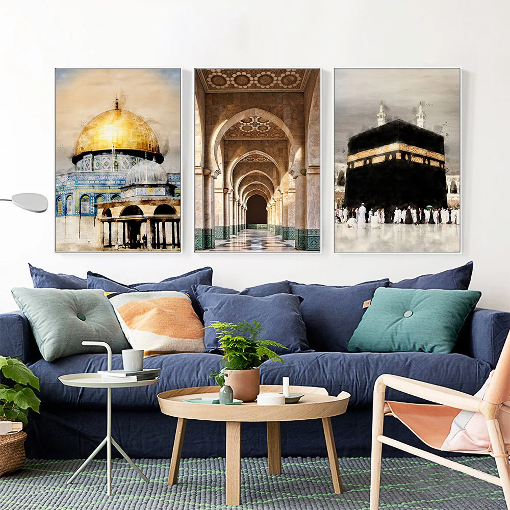 Allahu Akbar Kaaba Sacred Place The Mosque Posters and Prints Islamic Calligraphy Canvas Painting Wall Art Living Room Decor