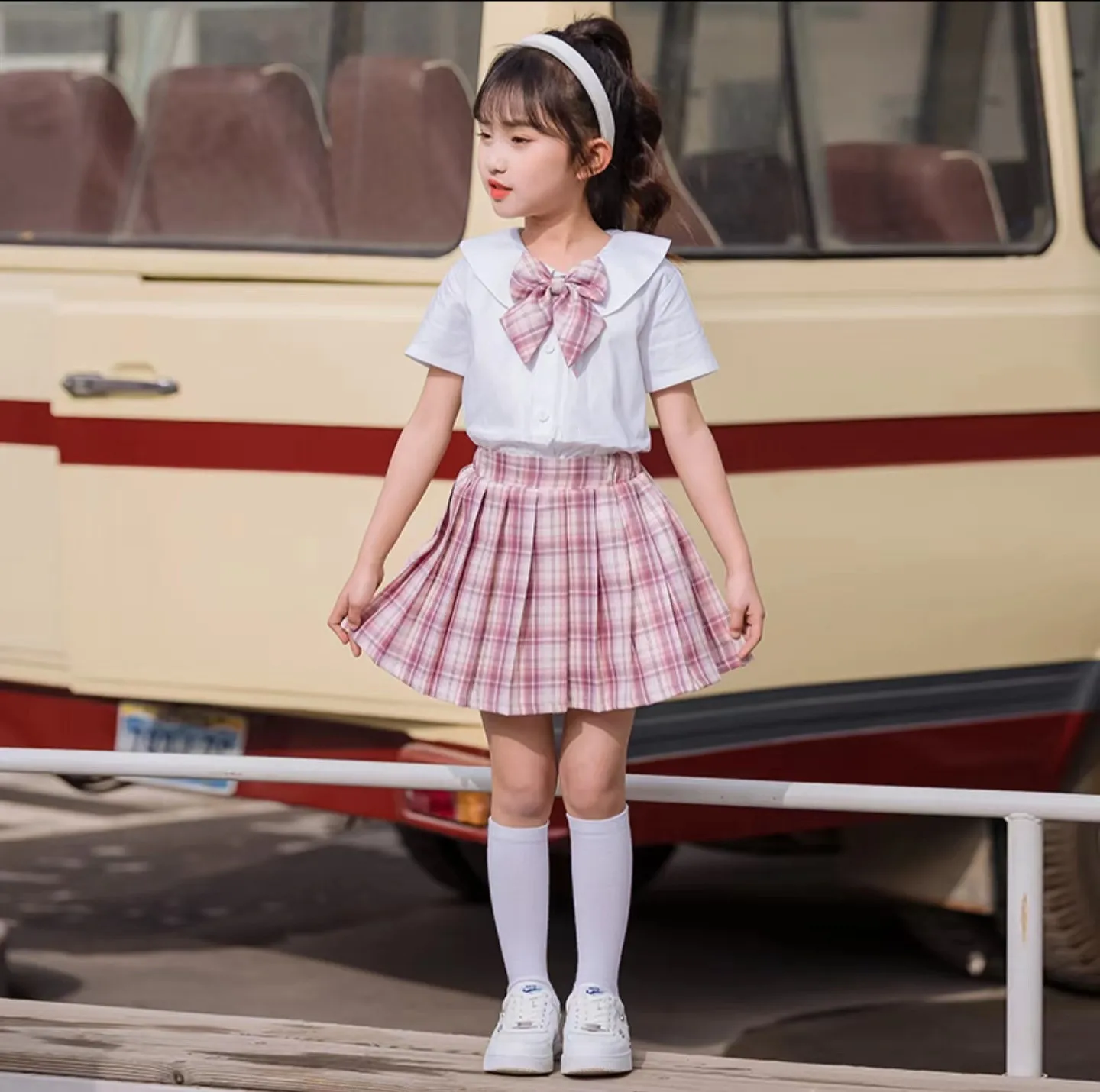 2026 summer new girls sailor short white bowknot T shirt blouse + jk plaid pleated skirt suit teenager children set 4 12 year