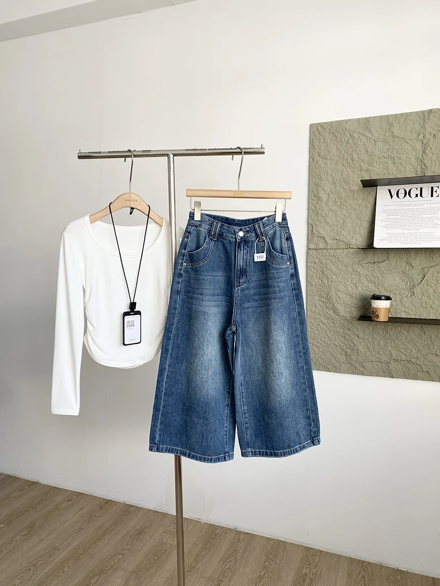 

Retro American Casual High Waist Loose Slimming Straight Leg Jeans Women's Deep Blue Wide Leg Pants Spring Commute Style