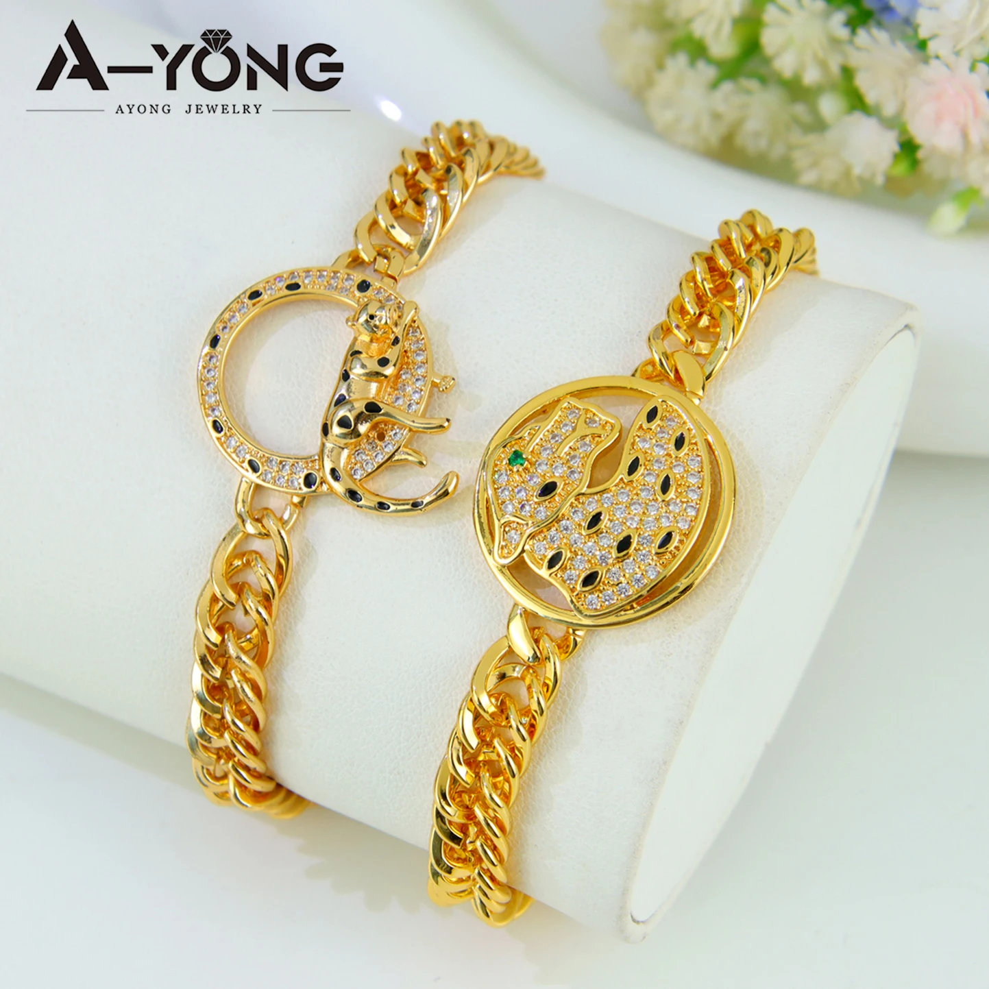 สร้อยข้อมือลายเสือดาวสีทองเพทายสุดหรู21K กำไลสไตล์บราซิลพังก์เสือดำเครื่องประดับสำหรับปาร์ตี้แฟชั่นสำหรับผู้หญิงดูไบ