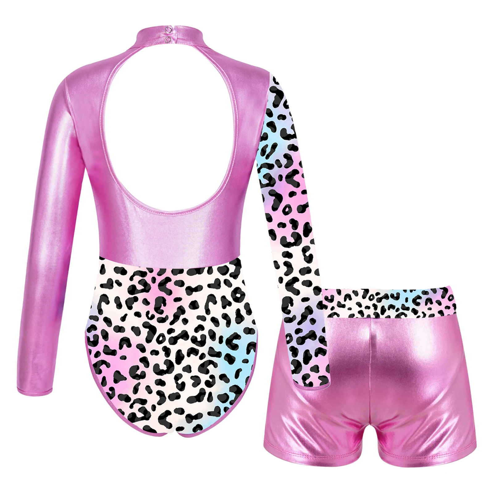 Kids Girls Ballet Dance Gymnastic Leotard Long Sleeve Print Bodysuit with Shorts for Skating Stage Performace Sports Swimwear