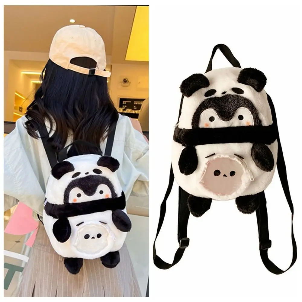 Cartoon Panda Penguin Backpack Large Capacity Adjustable Strap Cartoon Schoolbag Phone Wallet Plush Doll Plush Backpack Student