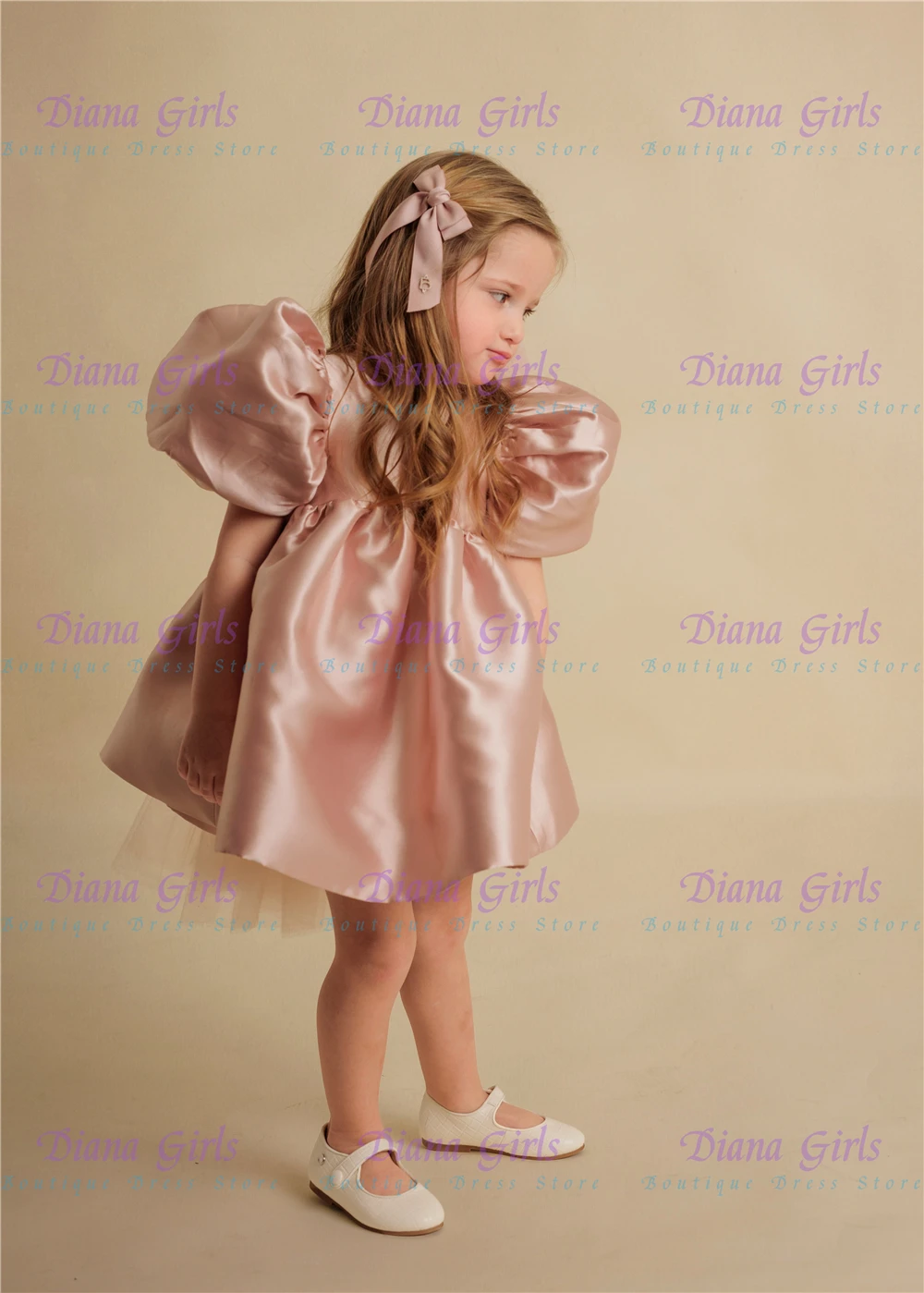 

Lovely Little Baby Flower Girl Dress Pink Satin With Tulle Fluffy Long Bow Belt For Wedding Ball Dresses Kids Birthday Gowns