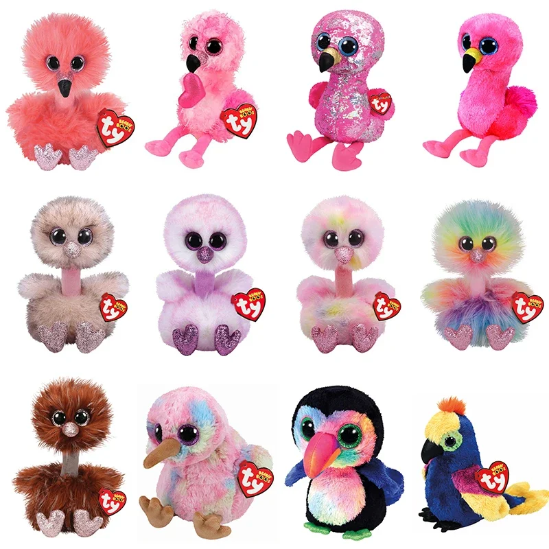 15CM Ty Beanie Big Eyes Bird Series Ostrich Flamingo Plush Toy Kawaii Stuffed Animals Doll Kids Toys Children's Christmas Gifts