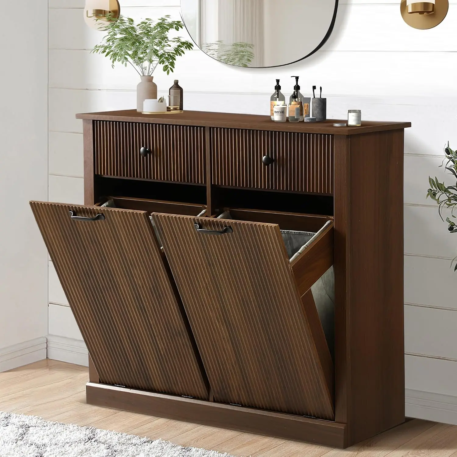 Double Tilt Out Hamper Cabinet, Kitchen Trash Can Storage, Bathroom Laundry Organizer, Wooden, Customized
