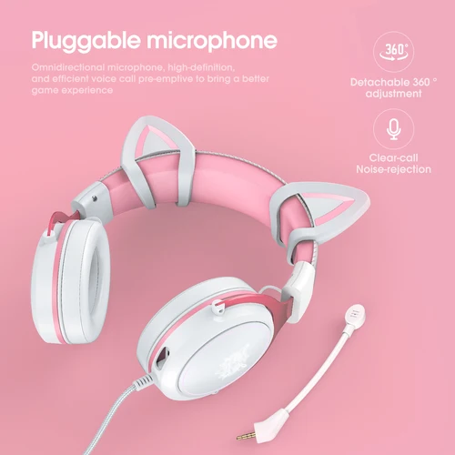 Imagen 2 del producto Onikuma-auriculares profesionales para videojuegos con luz RGB, cascos portátiles rosas con orejas de gato y micrófono con cancelación de ruido