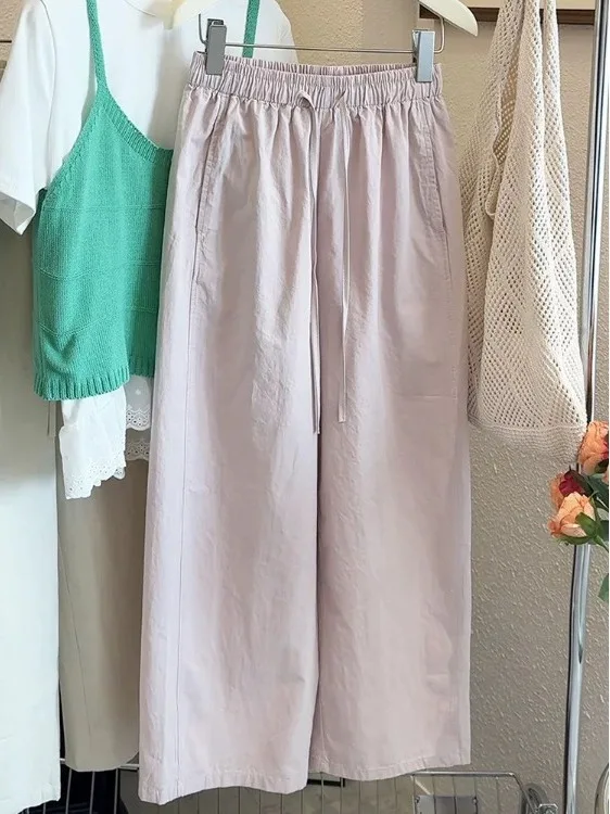 

Summer Thin Washed Cotton Wide Leg Pants High Waist Straight Leg Paper Thin Slimming Casual Nine Point Pants for plus Size Women