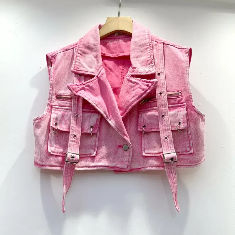 

Europe and America 2024 cool girl street big pocket spice girl cowboy vest outside the summer thin new pink and white short vest