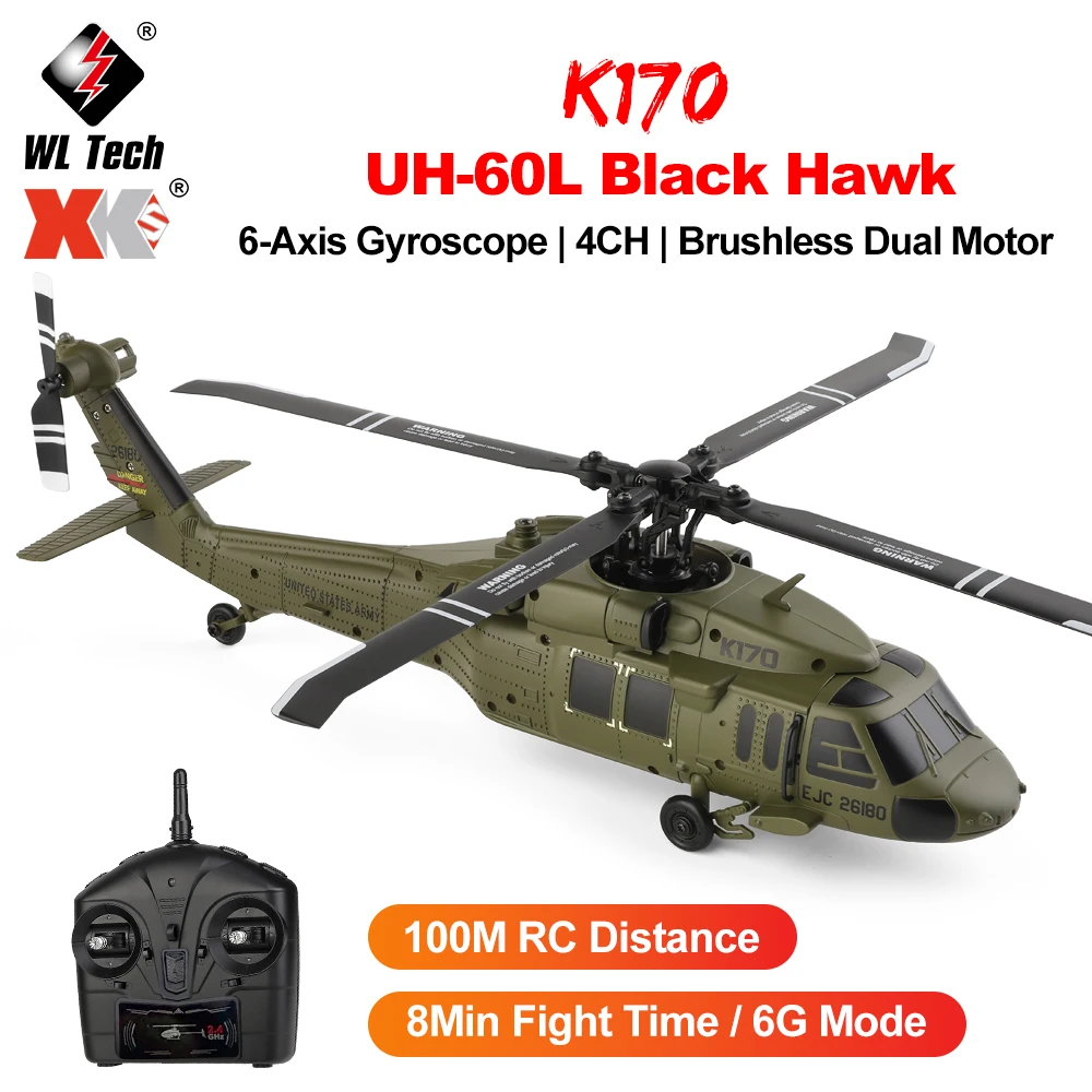 

Wltoys K170 RC Helicopter UH-60L Black Hawk Dual Brushless 6-Axis Gyro 4CH 4 Bladed Aircraft Remote Control Aircraft Model Gifts