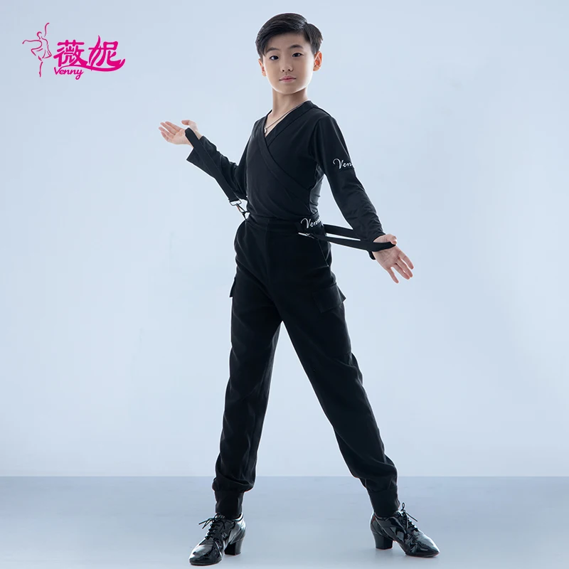 Vennystyle Abito da ballo latino Top da uomo con scollo a V e bretelle Set per spettacoli da sala Costumi da ballo da sala