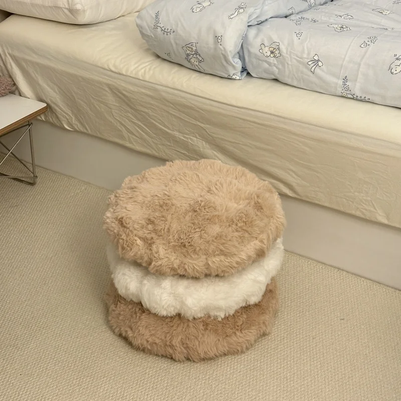 Brown Plush Ottoman Soft Shoe Changing Stool Cream Style Makeup Removable Washable Small round Stool for Entryway