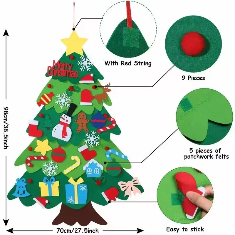 Árbol de Navidad de fieltro DIY para colgar en la pared, árbol de Navidad Artificial con adorno de copos de nieve de Papá Noel, suministros para fiesta de año nuevo, regalo
