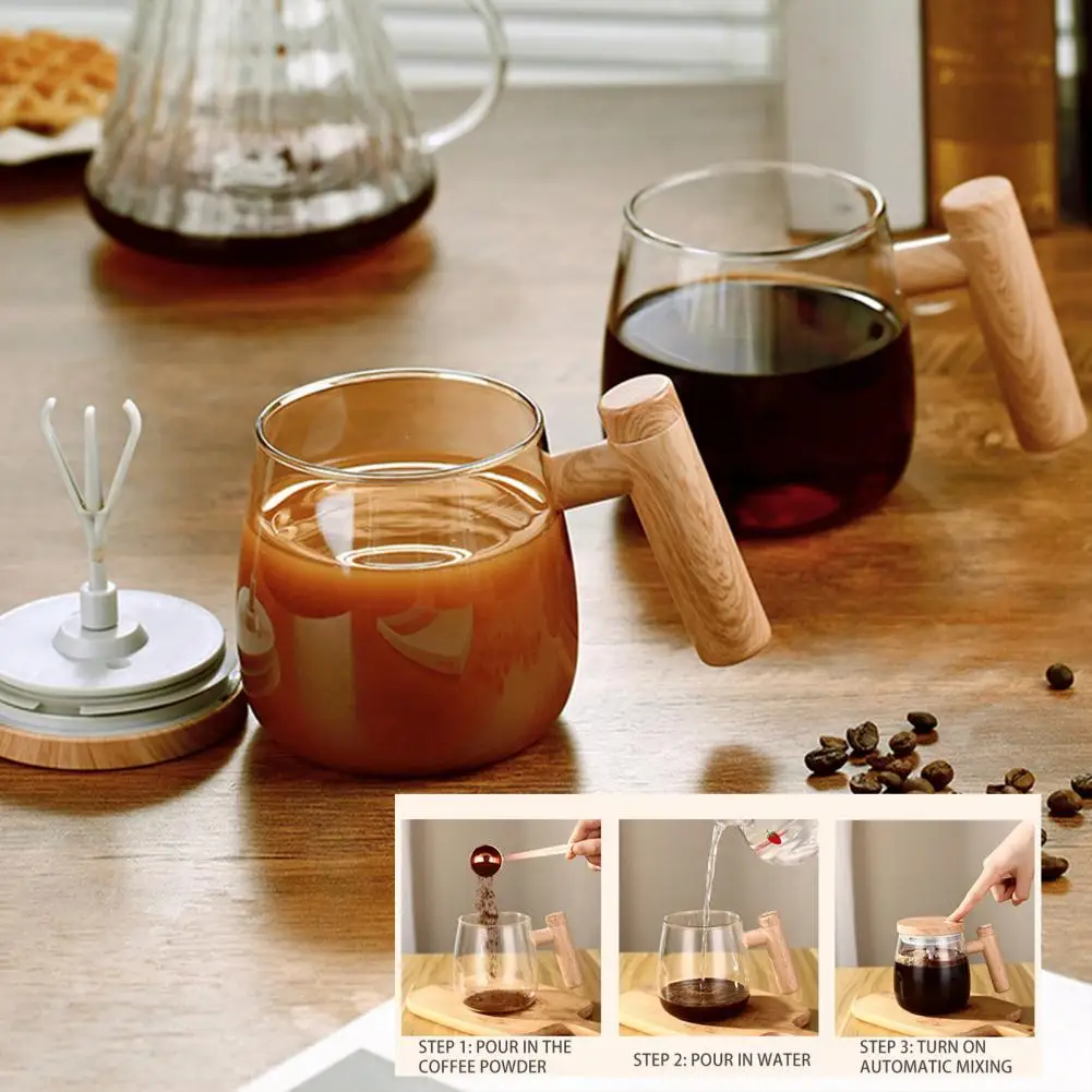 Fully Automatic Stirring Mug Wooden Handle Drink Mixer 400ml Electric Mixer Mug Self Mixing Glass Coffee Milk Powder Cup