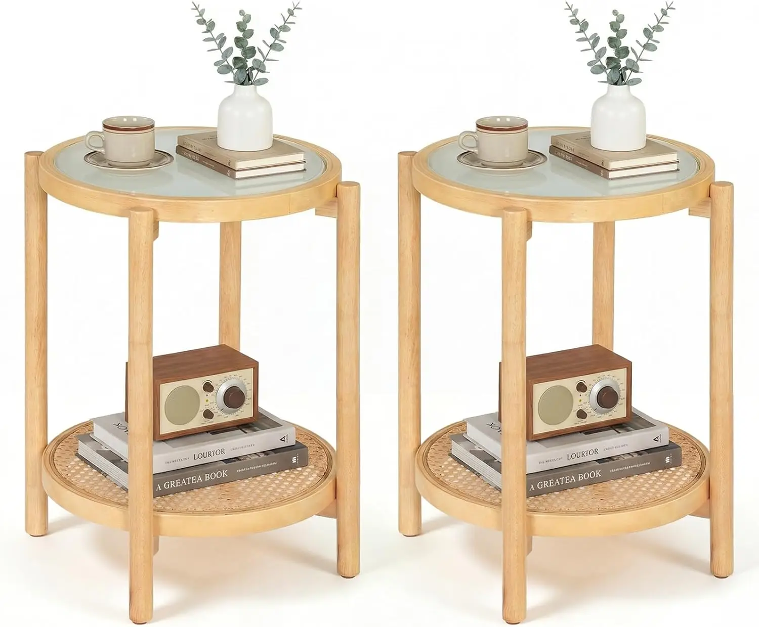 Rattan Round Side Table Set of 2, 2-Tier Boho End Table w/Tempered Glass Top, Storage Shelf & Acacia Wood Legs, Accent Coffee Ta