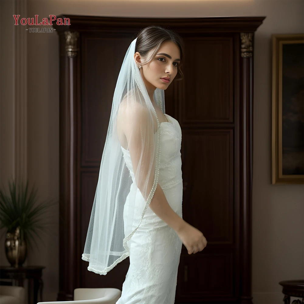 YouLaPan V143 Elegantผ้าคลุมหน้าเจ้าสาวขอบลูกปัดประกายGlitter Veil 1 ชั้นแชมเปญWedding VeilsคริสตัลลูกปัดBling Bling