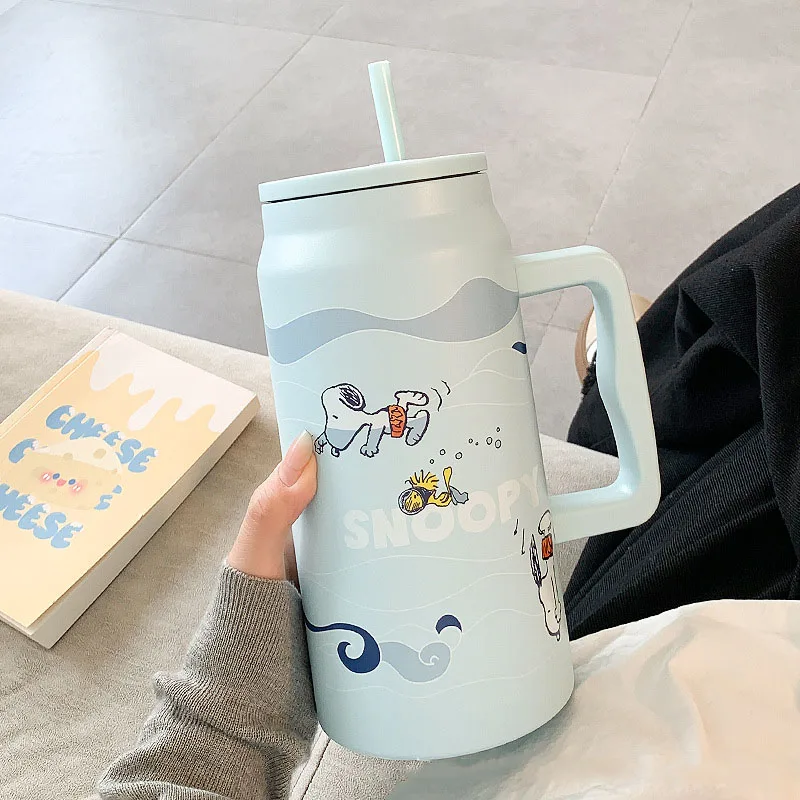 MINISO Snoopy Insulated Cup Large Capacity Straw Water Cup Black Portable Stainless Steel Cup Children\'S Travel Cup