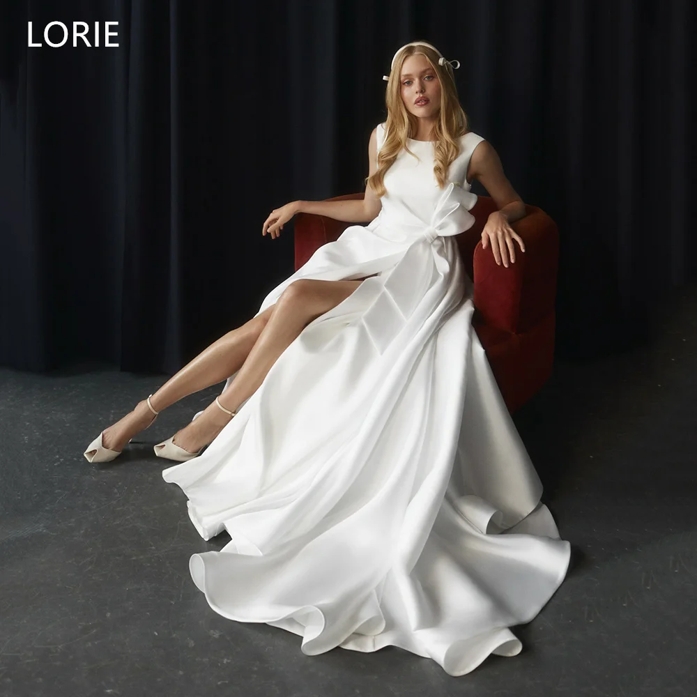 

LORIE Chic White Wedding Dresses Bow Boat Neck Sleeveless Bride Prom Gown Side Slit A-Line Floor-Length Bridal Gowns Customized