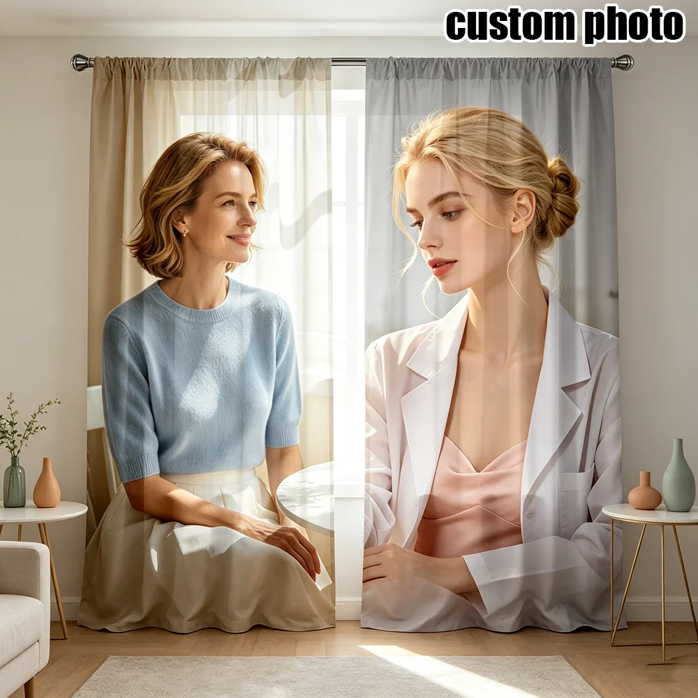 2PCS Customizable Photo Print Window Curtains, Custom Portrait Picture Digital Printing Curtain Drapes Household Window Decor