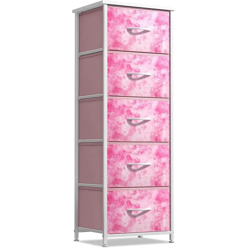 5-Drawer Fabric Nursery Organizer Pink Tie-dye Storage Tower Foldable Drawers Steel Frame MDF Wood Children's Playroom Organizer