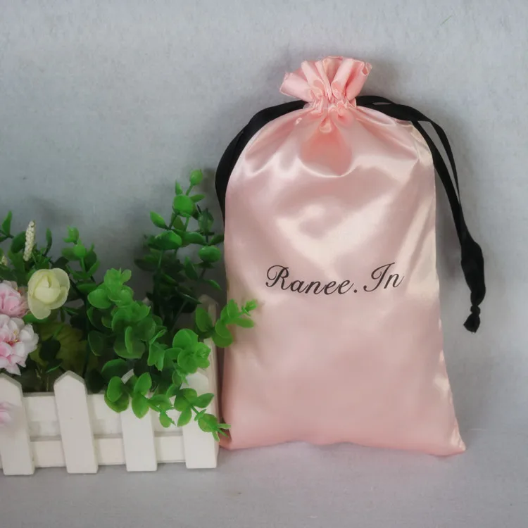 

50PC Pink Satin Bag for Hair Packing Jewelry Cosmetic Wedding Party Storage Shoe Storage Silk Drawstring Pouch Sachet Print Logo
