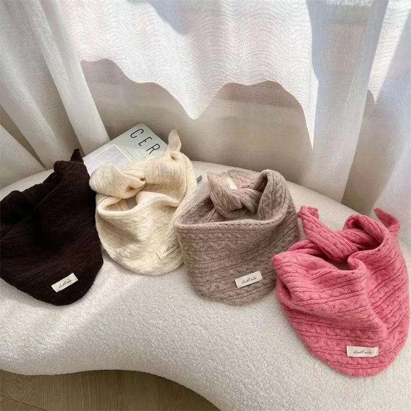 Autumn Winter Warm Kids Triangle Scarf Solid Color Cashmere Windproof Neckerchief Twist Knitted Woolen Children Scarves