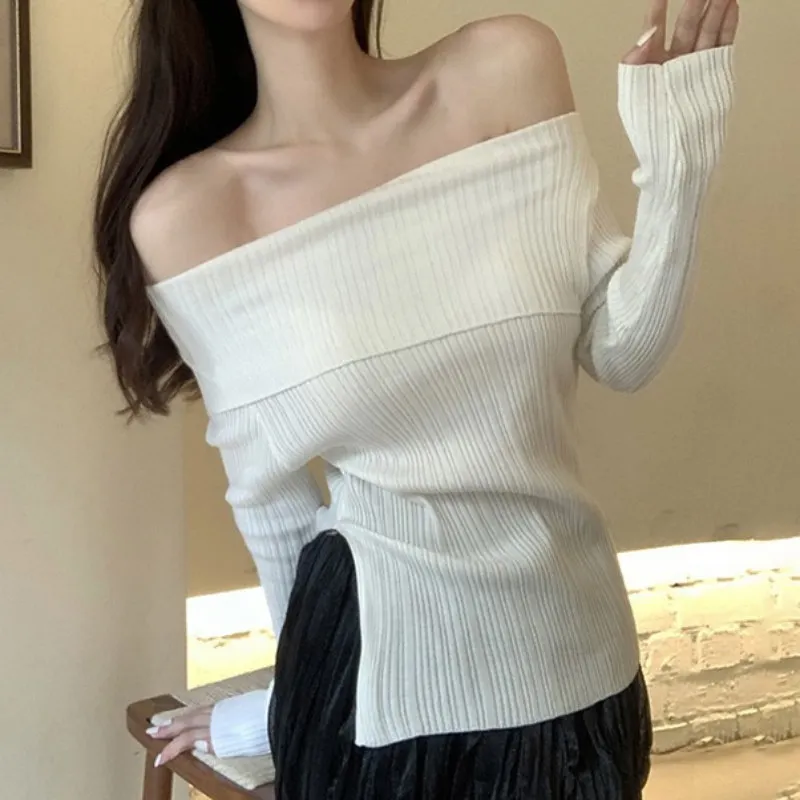 Women\'s Knitted Off Shoulder Sweater Solid Color Split Slim Casual Long Sleeved Tops for Office Lady Streetwear