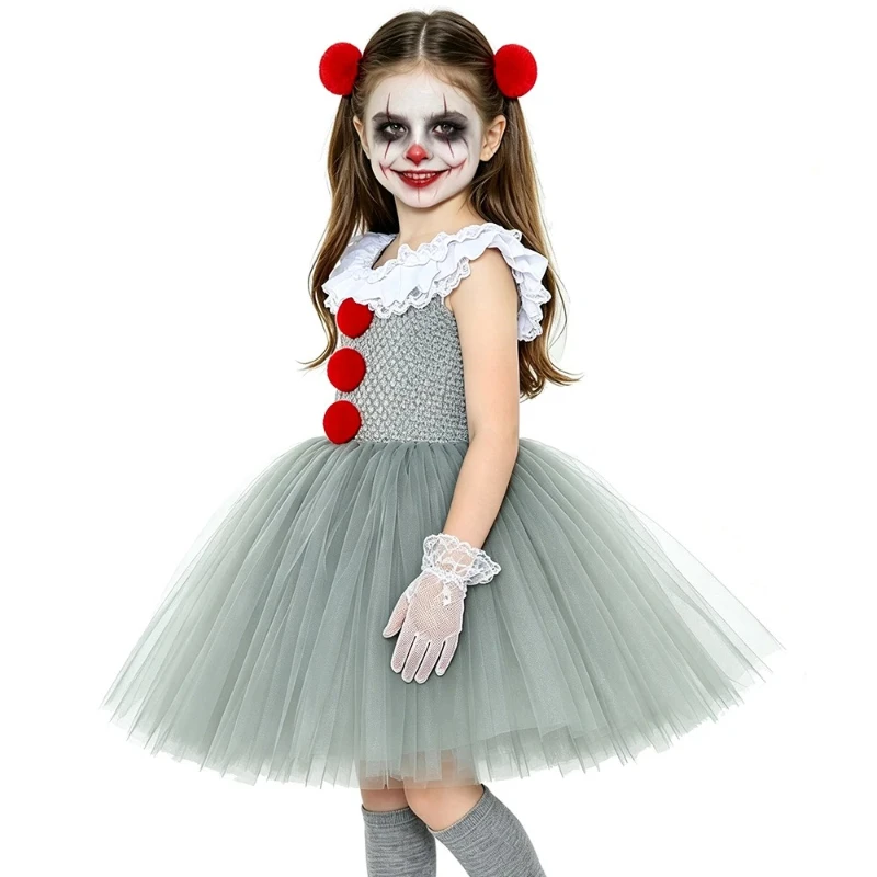 Grey Red Contrast Horror Circus Tutu Gown Creepy Movie Villain Mesh Costume for Halloween Masquerade Carnival Cosplay Outfit