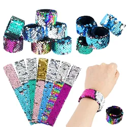 1/5Pcs Girls Mermaid Theme Clap Circle Glitter Sequins Slap Pop Circle Bracelet For Baby Shower Birthday Party Decor Kids Gifts